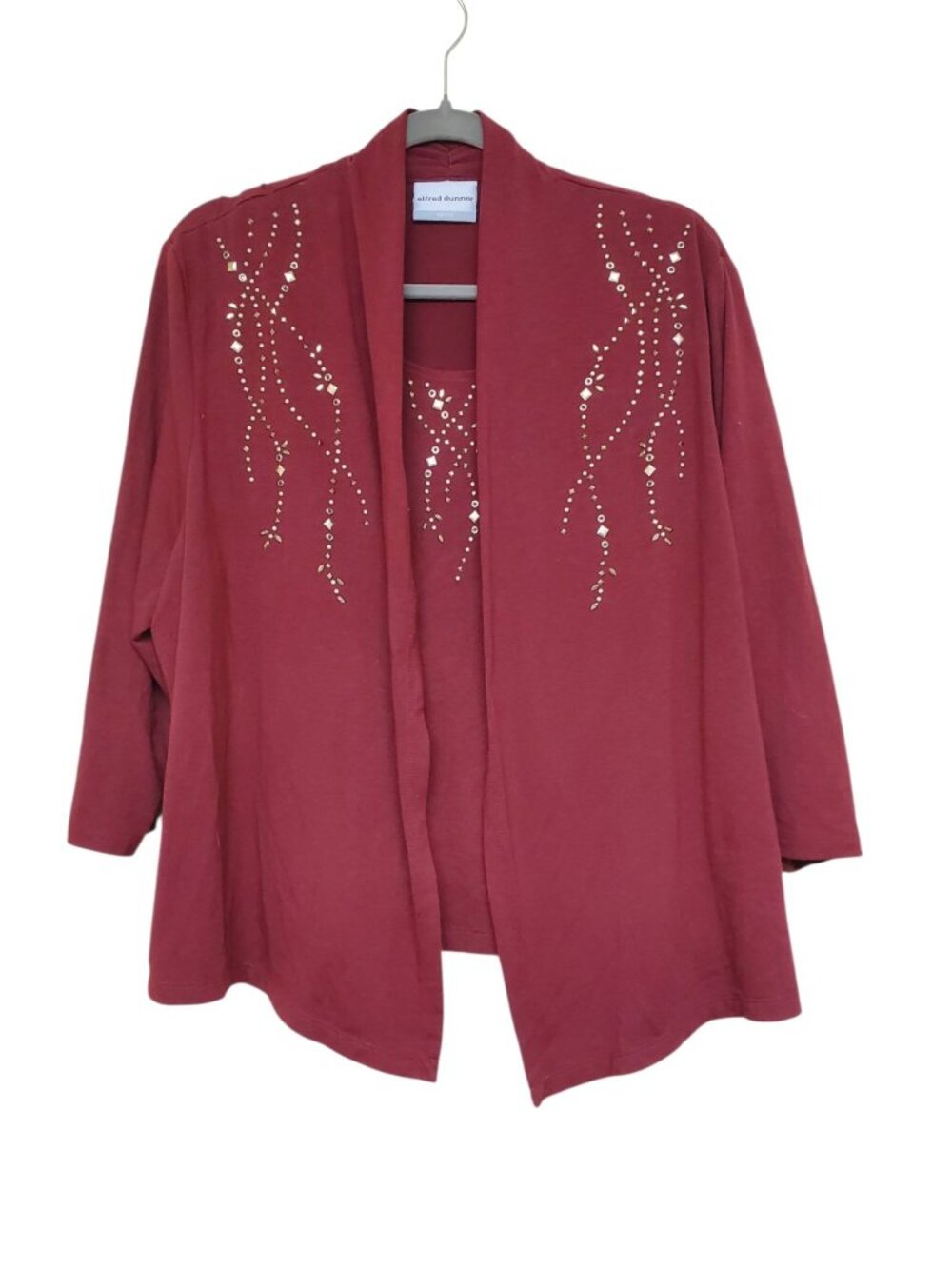 Alfred Dunner Petites Burgundy Gold Stud Faux Layered 2-fer 3/4 Sleeve Top PXL